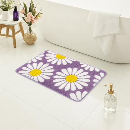 Feblilac Purple Daisy Floral Bath Mat – Soft Non-Slip Absorbent Rug for Bathroom & Entryway