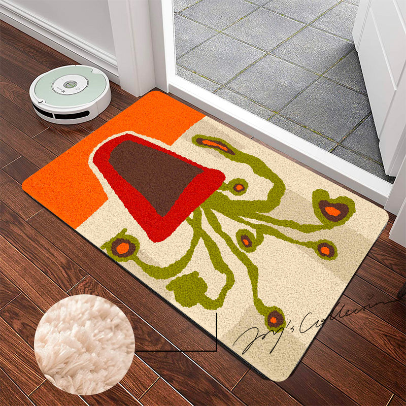 Feblilac Red Vase and Green Plant Tufted Bath Mat