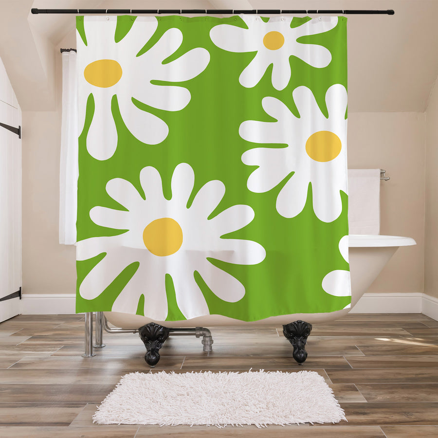 Feblilac Green Background Irregular Daisy Shower Curtain @Frank’s design - view 3