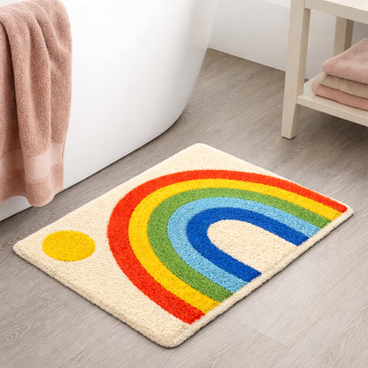Feblilac Retro Rainbow Arch Bath Mat – Colorful Non-Slip Bathroom Rug with Sun Design