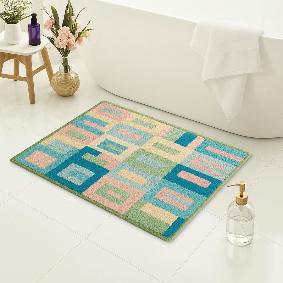 Feblilac Pink and Blue Square Geometric Tufted Bath Mat - view 3