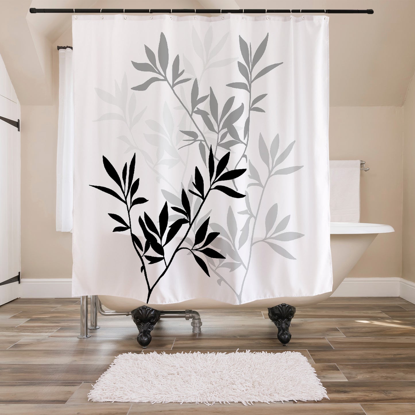 Bamboo Leaves Shower Curtain, Black and White, Green, Blue