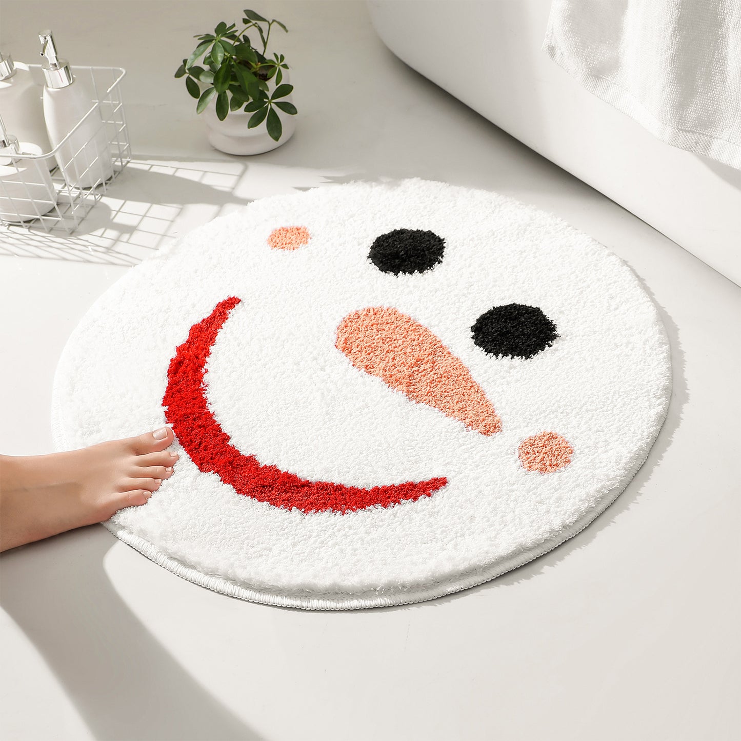 Christmas Snow Man Round Rug, Holiday Winter Bathroom Snowman Mat, 60cm / 23"