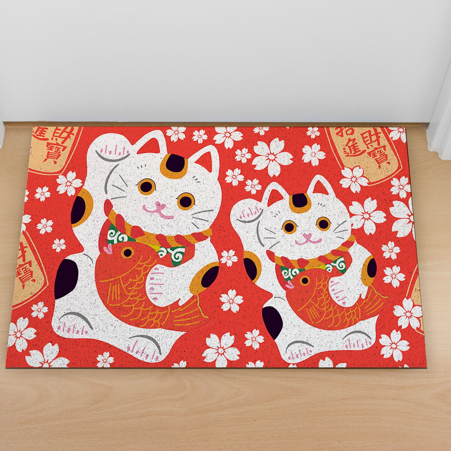 Feblilac Red Background White Sakura Lucky Cat PVC Coil Door Mat