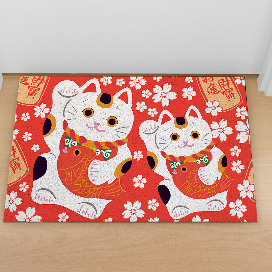 Feblilac Red Background White Sakura Lucky Cat PVC Coil Door Mat - view 4