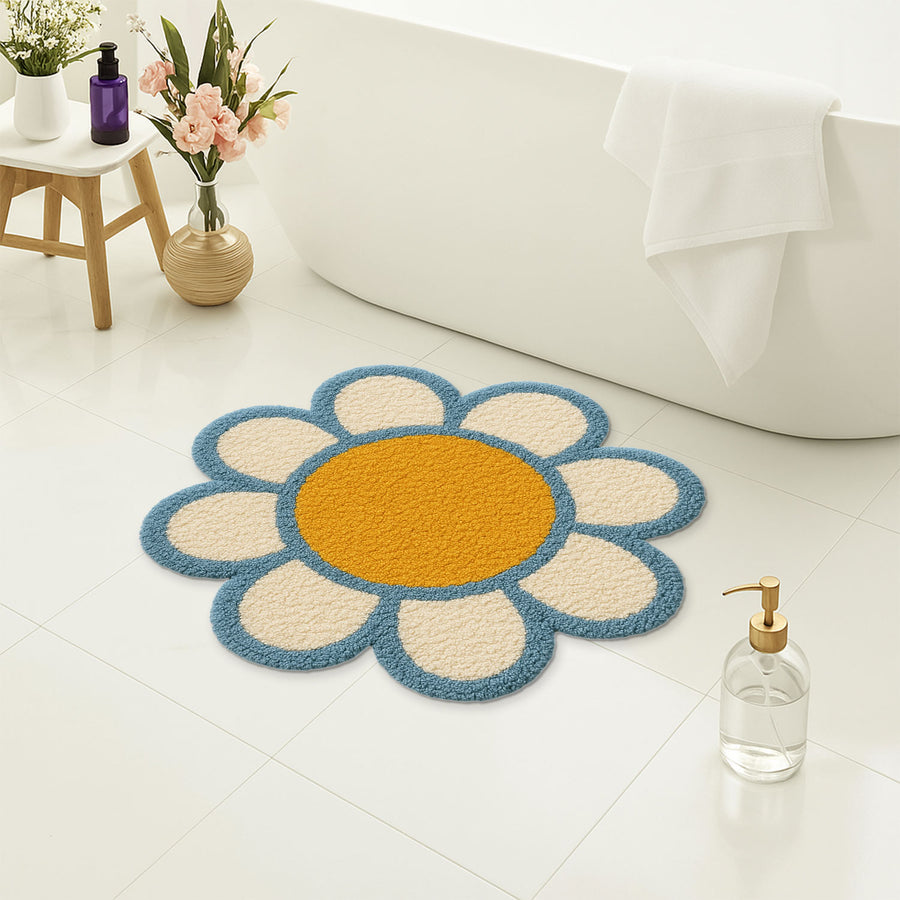 Feblilac Irregular White Flower Mat Rug Carpet, Blue and White Floral Bath Mat - view 4