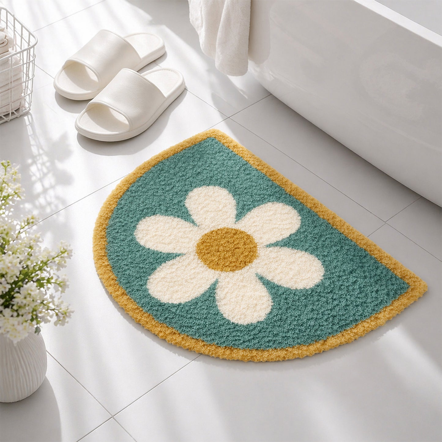 Feblilac Half-Round Daisy Tufted Bath Mat – Soft Absorbent Floral Bathroom Rug