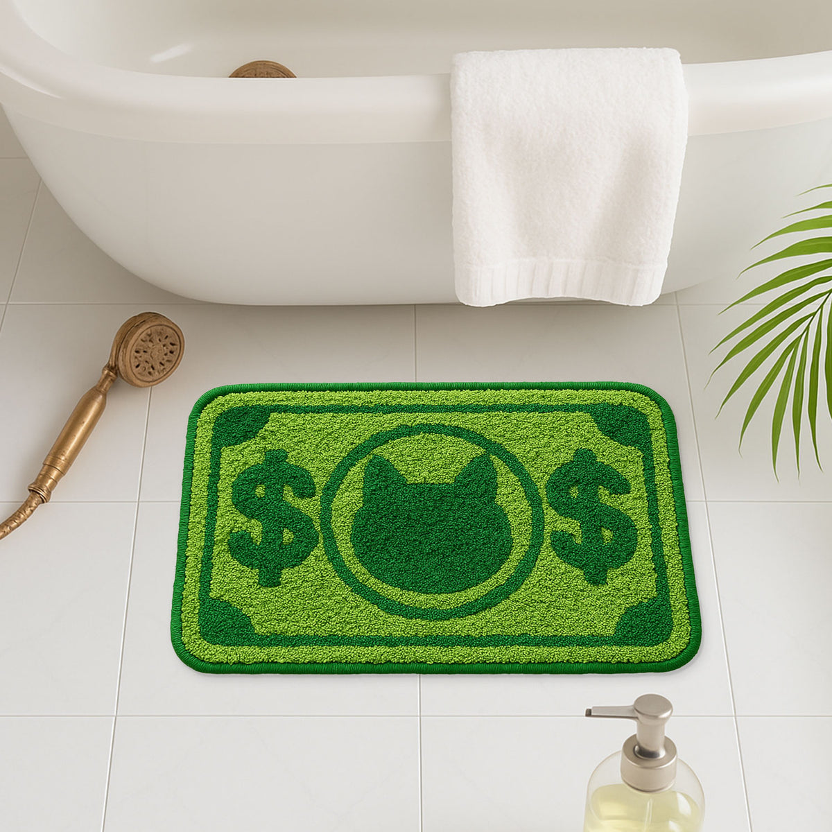 Feblilac Green Cat and Dollar tufted bath mat on a wood floor next to a soaking tub