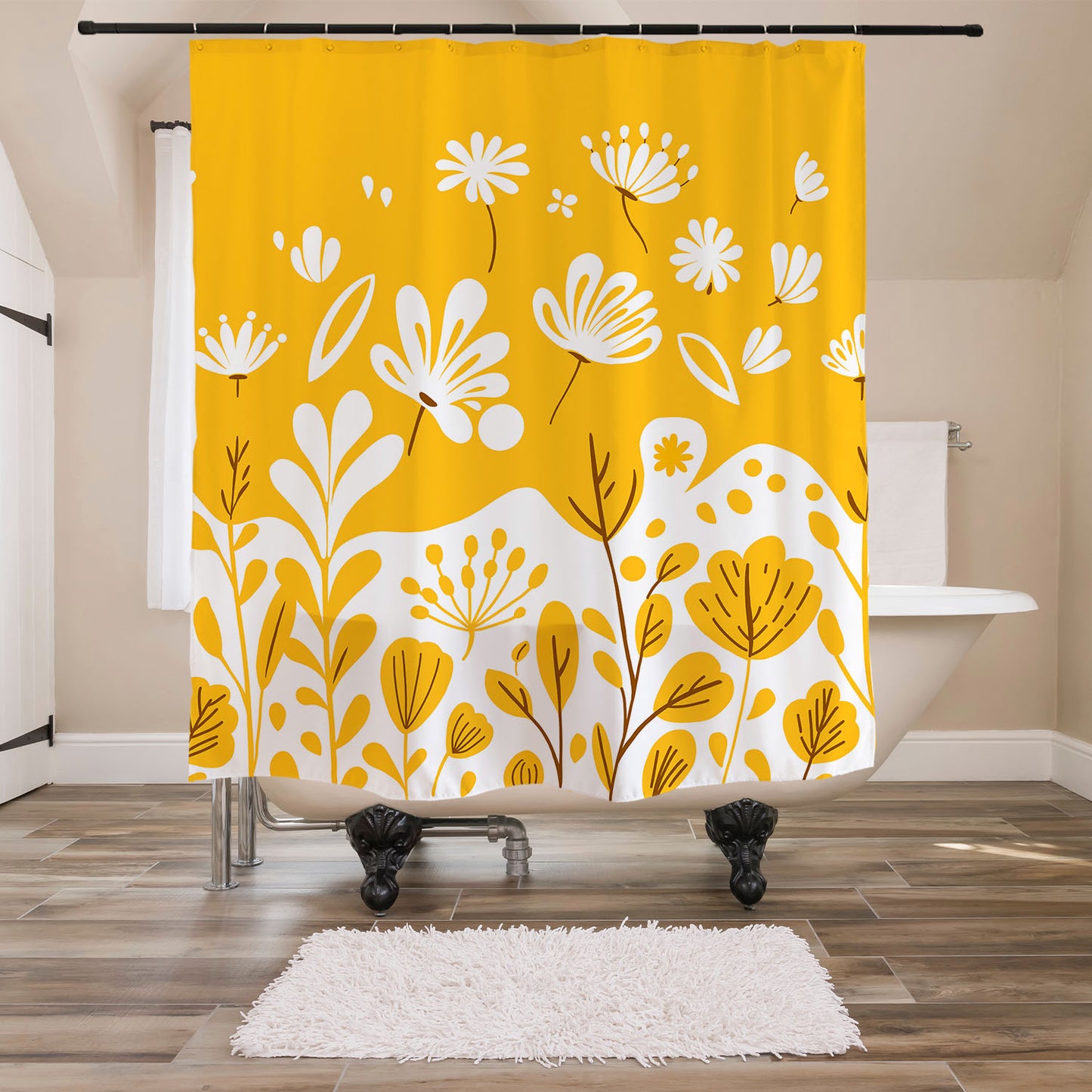 Feblilac Yellow Dandelion Curved Branches Shower Curtain with Hooks