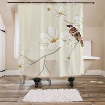 Feblilac Sparrow Magnolia Flower Shower Curtain with Hooks