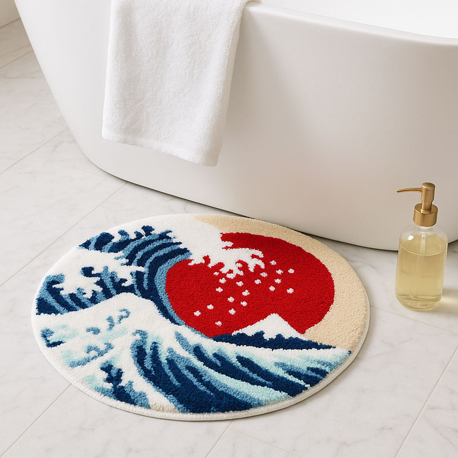 Feblilac Round Japanese Wave Bath Mat – Soft Tufted Rug with Red Sun Design for Bathroom or Entryway - view 3