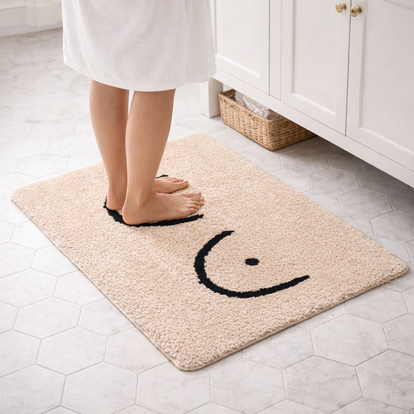 Feblilac Smiley Boobs Bath Mat | Absorbent Non-Slip Bathroom Rug (Cream & Black)