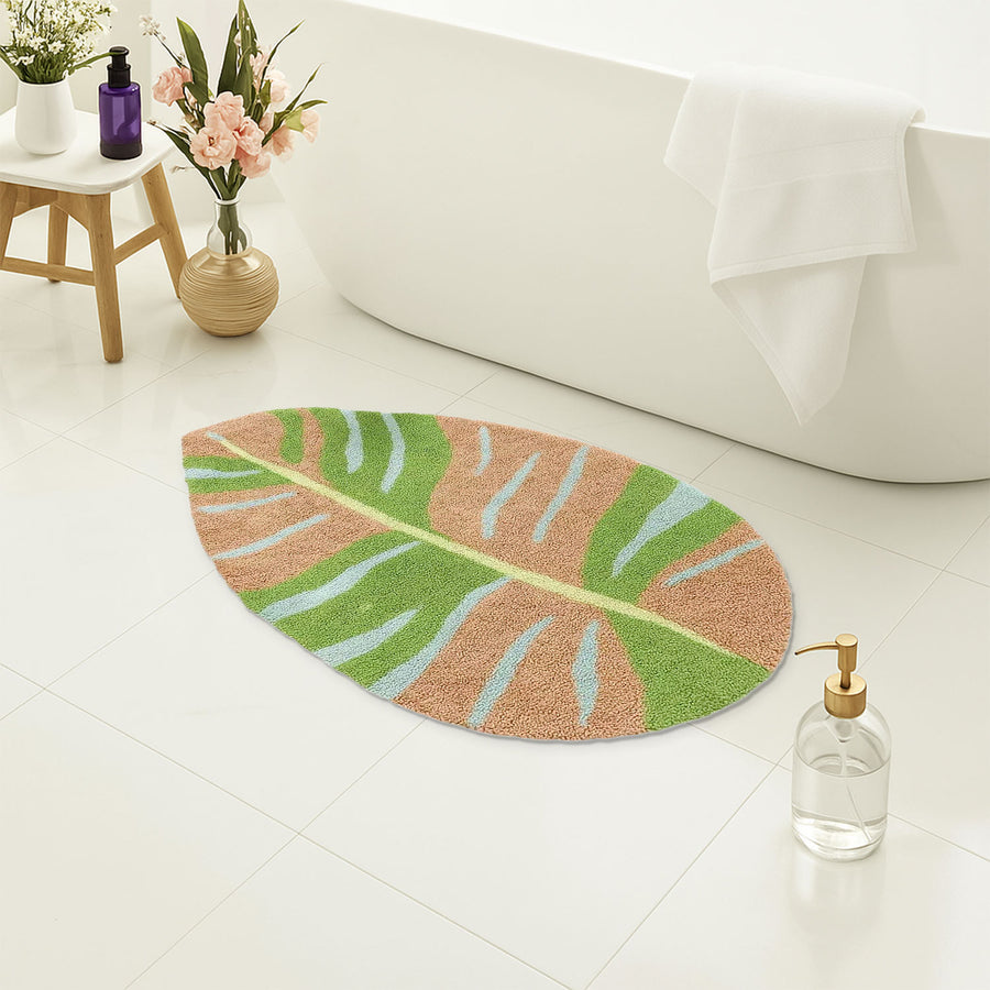 Tropical Leaf Shape Bath Mat – Brown & Green Tufted Rug | Feblilac - view 4