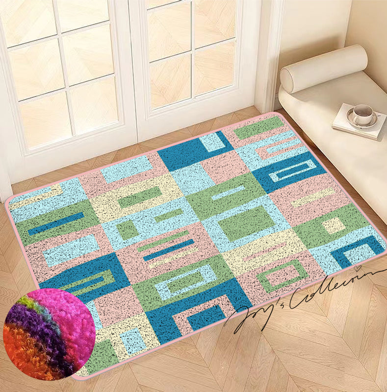 Feblilac Pink and Blue Square Geometric Nylon Door Mat