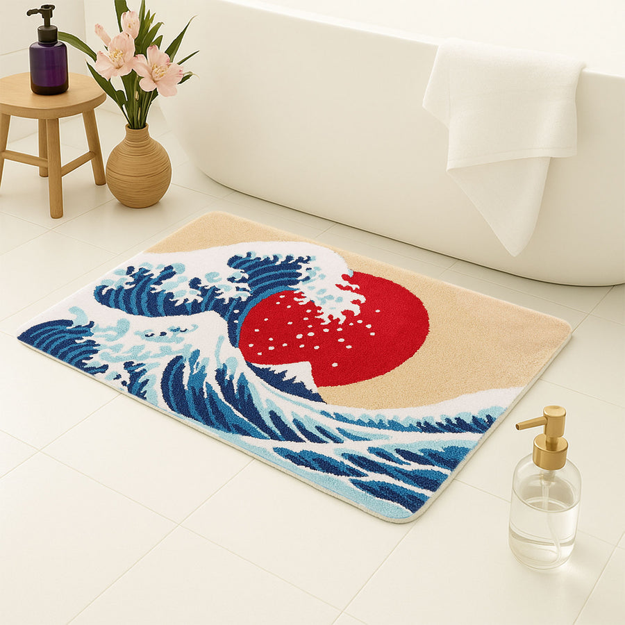Feblilac Japanese Wave Rectangular Bath Mat – Soft Tufted Rug with Red Sun for Bathroom or Entryway - view 4
