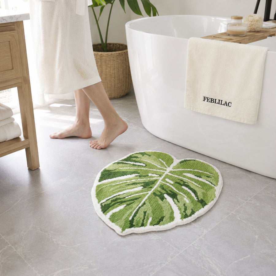 Feblilac Monstera Leaf Tufted Bath Mat – Green Botanical Rug - view 3