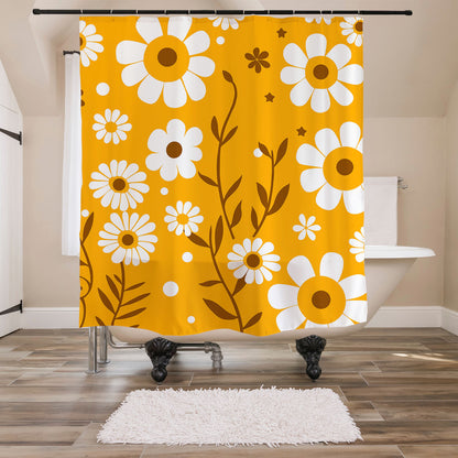 Feblilac Yellow Background White Flower Daisy Shower Curtain with Hooks