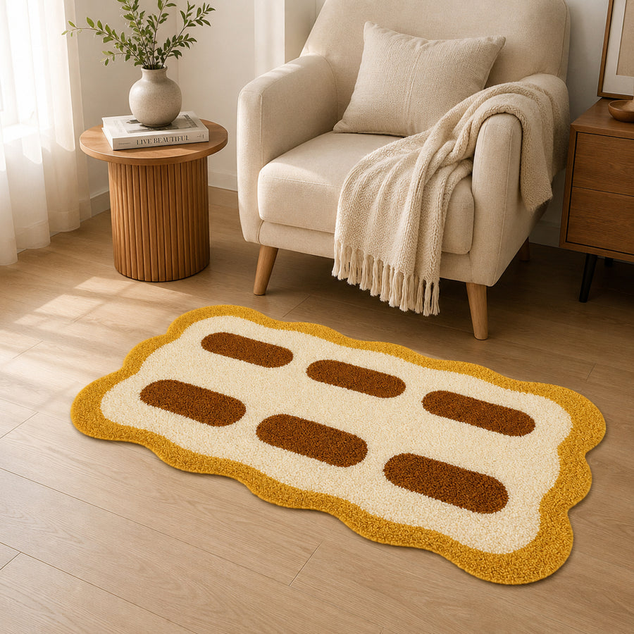 Feblilac Wavy Tufted Bath Mat – Mustard Yellow and Cream Accent Rug - view 3