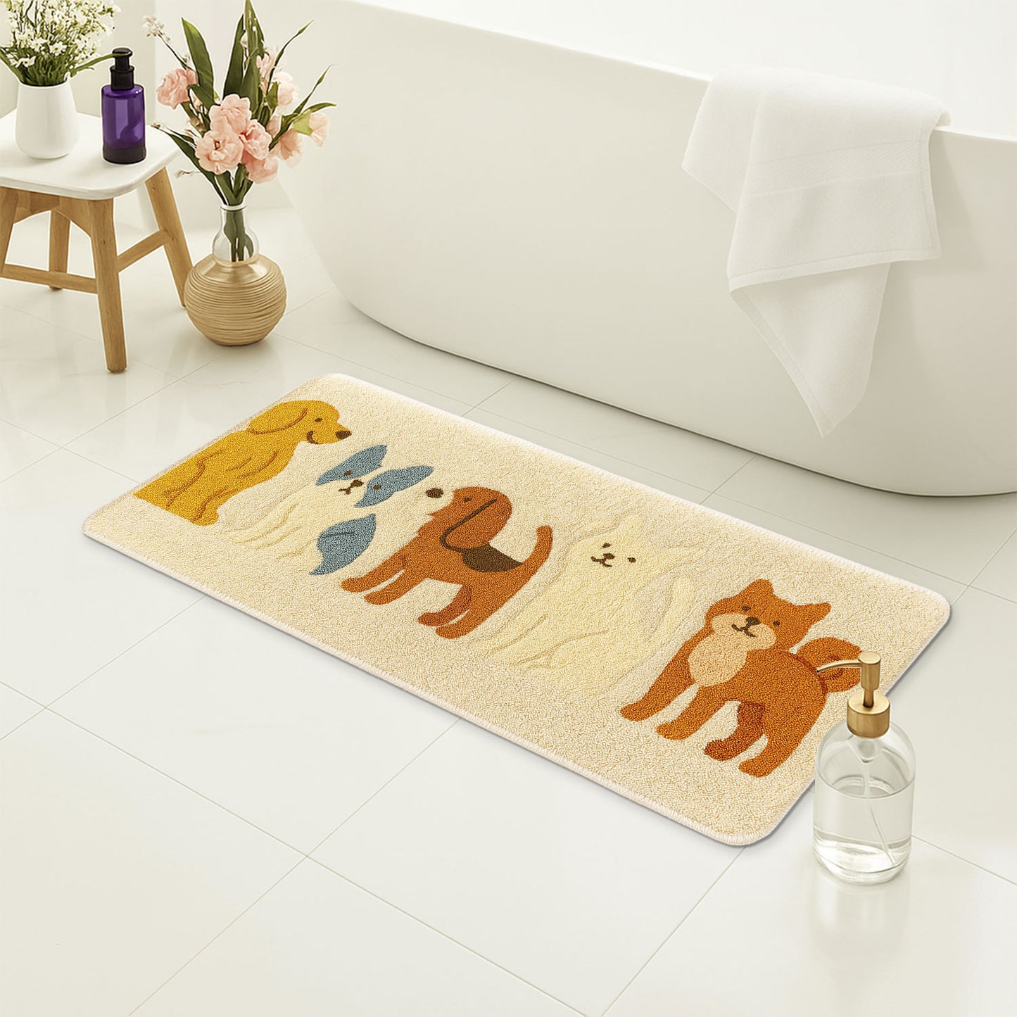 Feblilac Cute Dog Illustration Tufted Rug – Soft & Plush Pet Lover Floor Mat