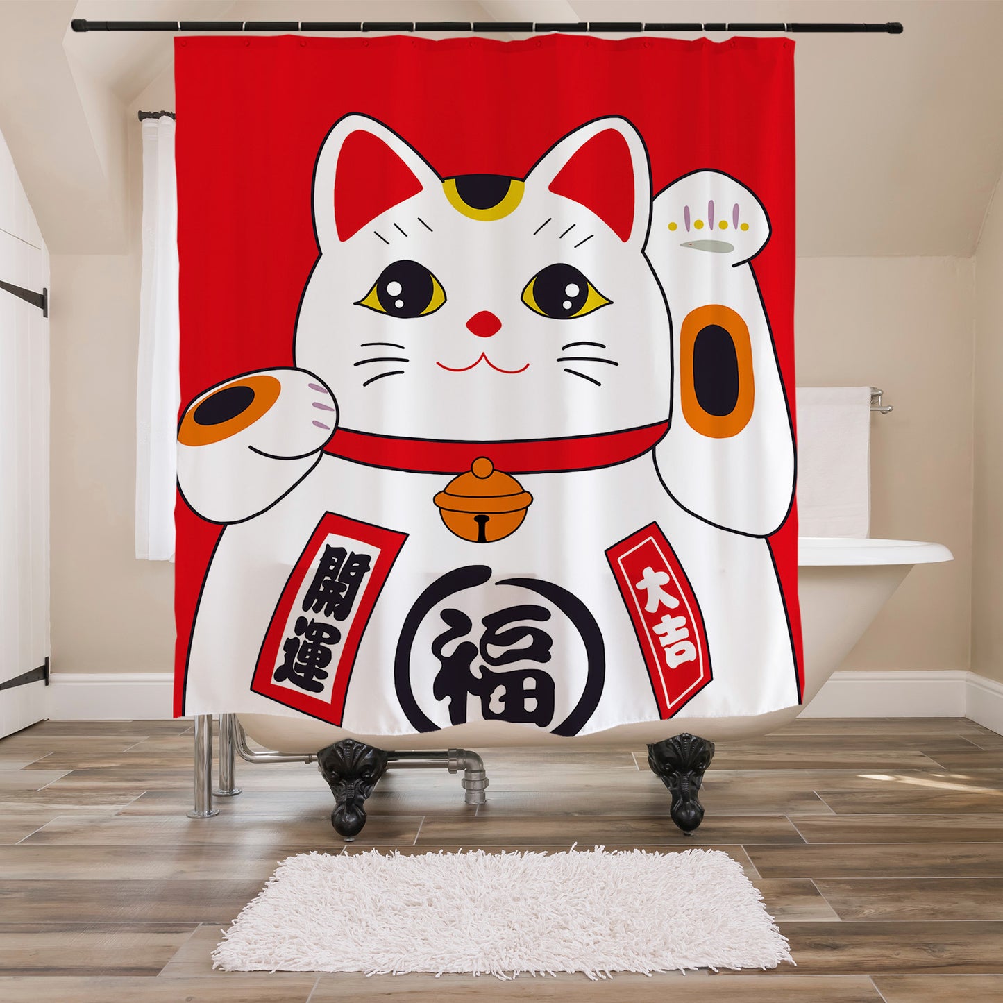 Feblilac Red Lucky Cat Shower Curtain with Hooks