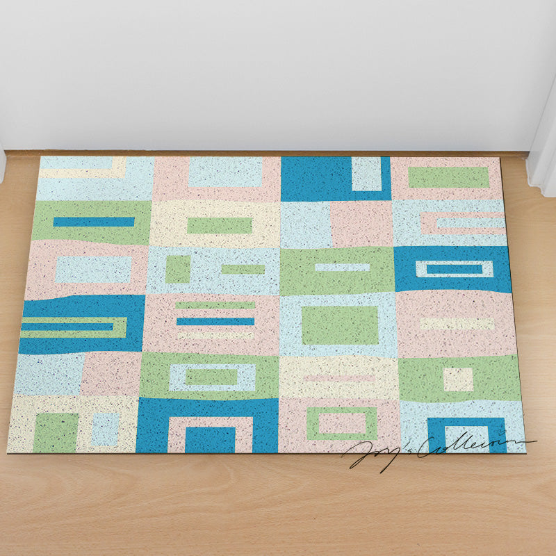 Feblilac Pink and Blue Square Geometric PVC Coil Door Mat