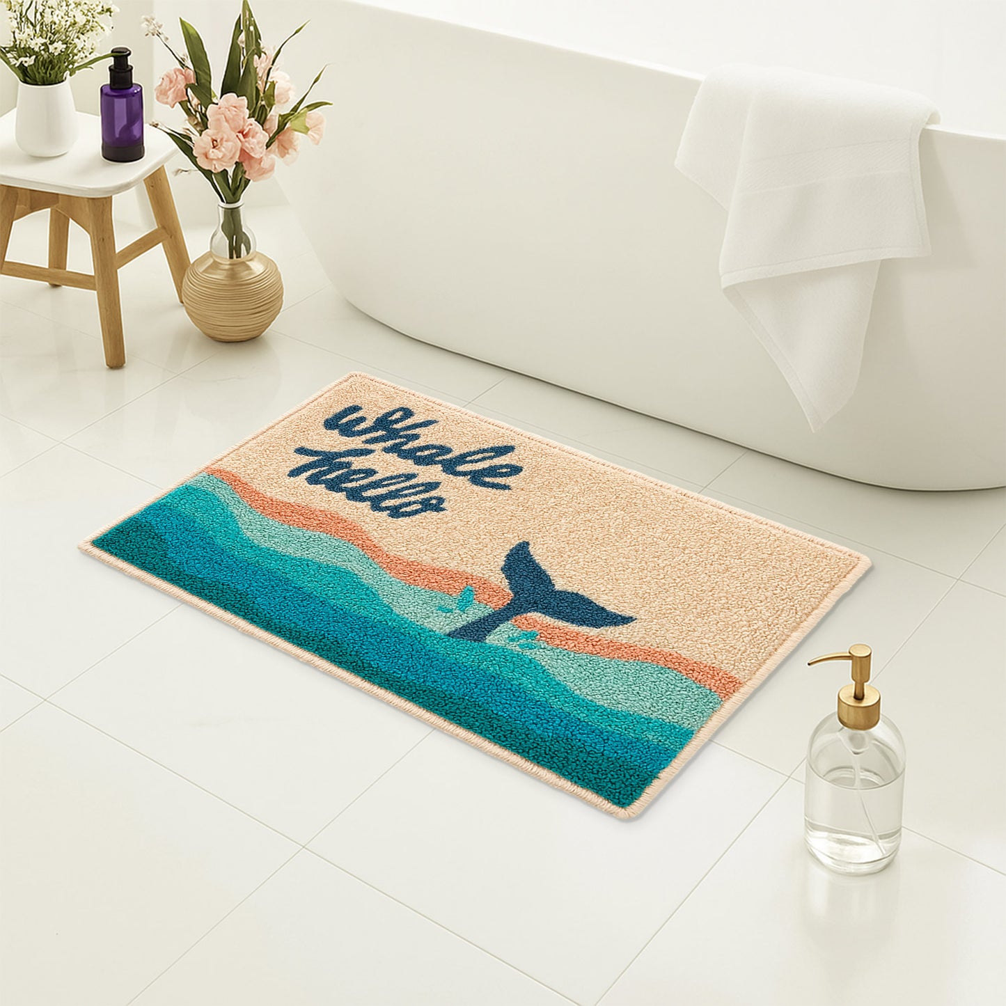 Feblilac Whale Hello Bath Mat – Nautical Ocean Themed Bathroom Rug, Soft & Absorbent, Non-Slip, Machine Washable