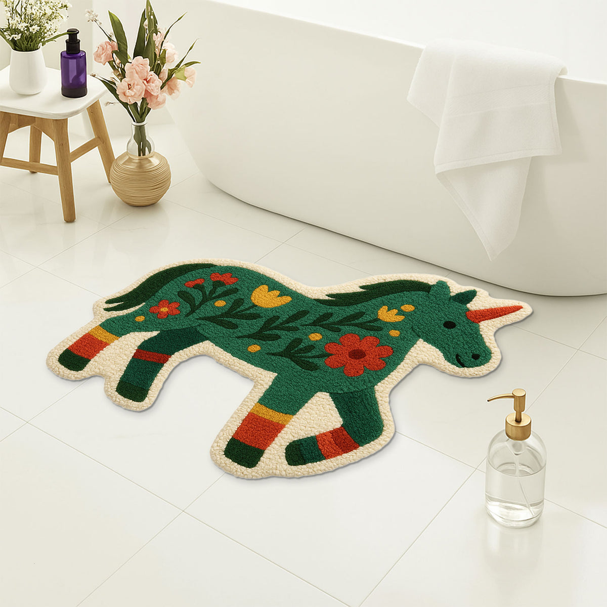 Feblilac Unicorn Pony tufted bath mat in a sunny bathroom with a potted plant