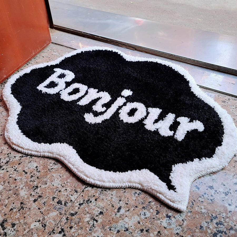 Feblilac Cute Black and White Bonjour Bath Mat, Hello Bathroom Rug - view 3