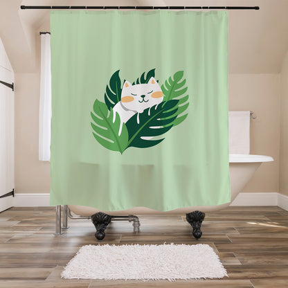 Feblilac Monstera Cat Shower Curtain with Hooks