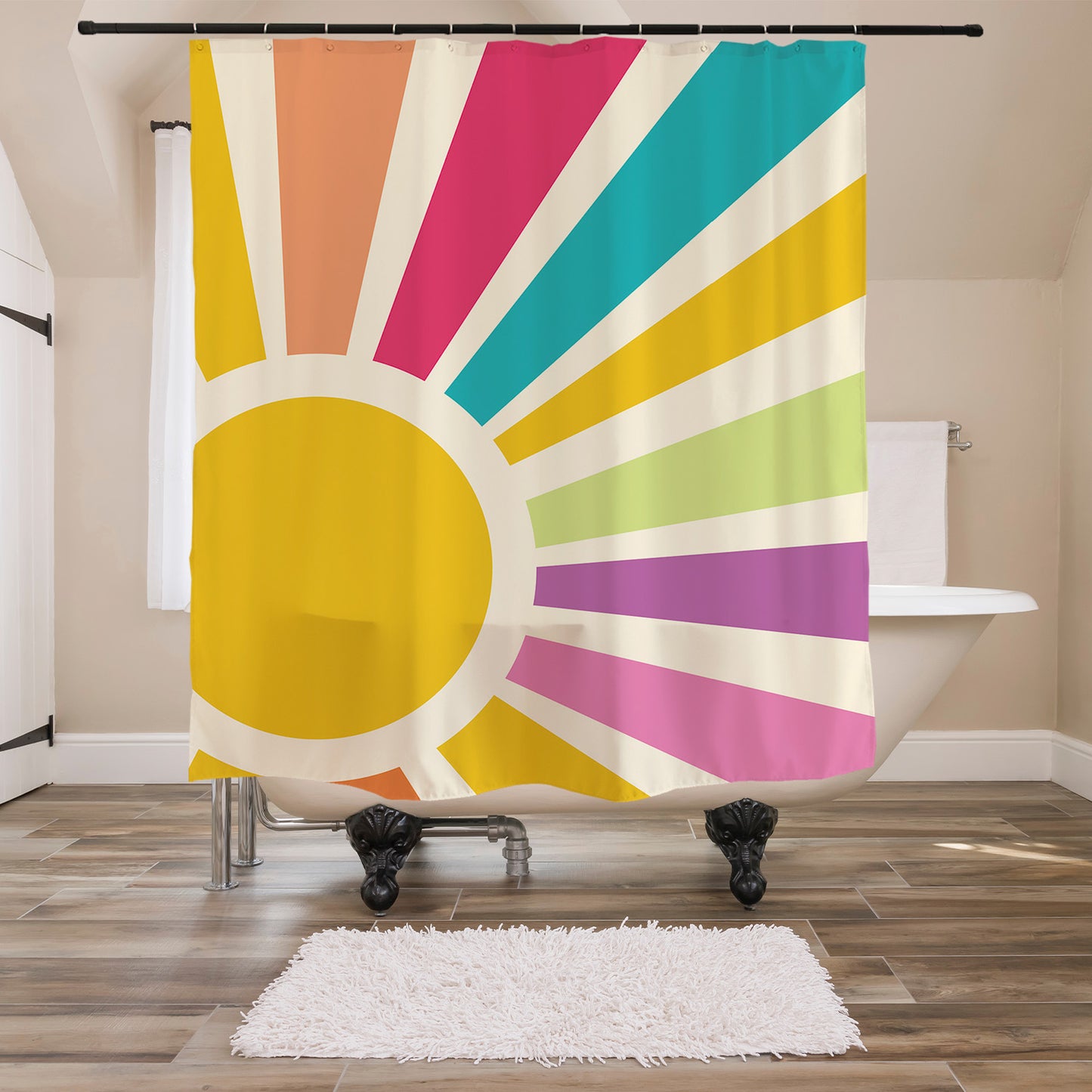 Feblilac Rainbow Sun Rays Shower Curtain with Hooks