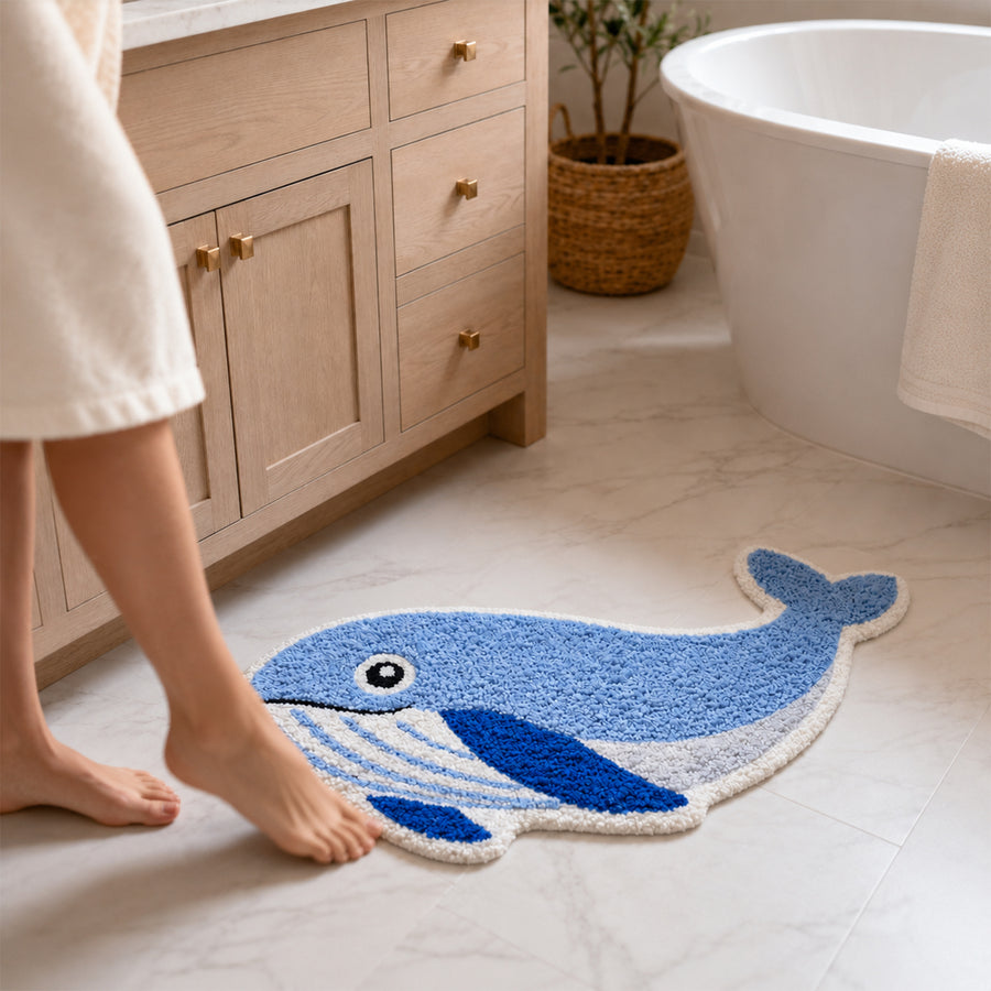 Feblilac Blue Whale Tufted Bath Mat, Ocean Animal Rug, Cute Whale Bathroom Rug - view 3