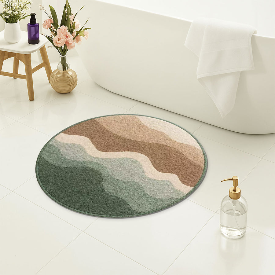 Round Earth Tone Wave Rug – Minimalist Calm Bathroom or Entry Mat | Feblilac - view 4