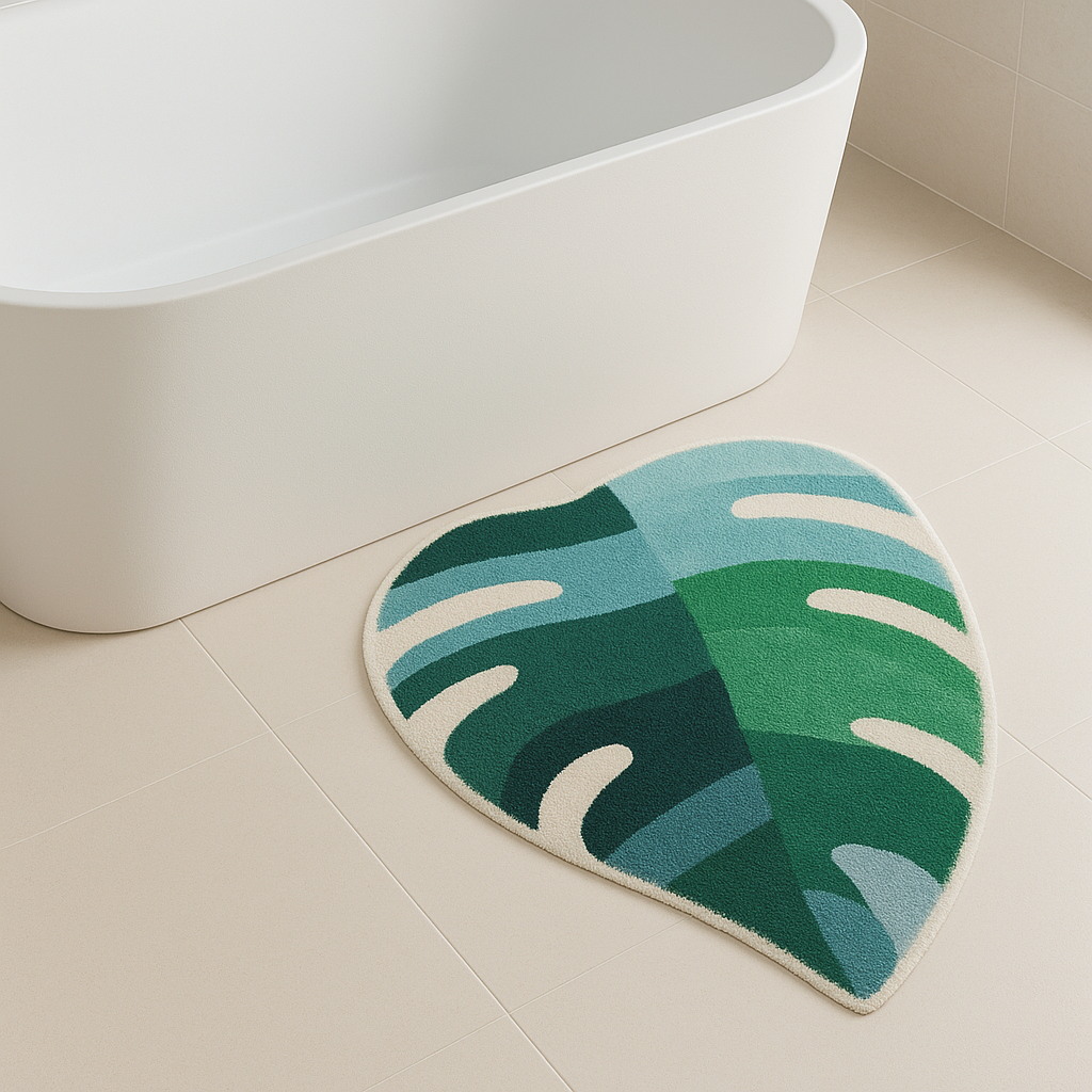Feblilac Green Leaves with Pink Heart tufted bath mat in a minimal bathroom with marble tile