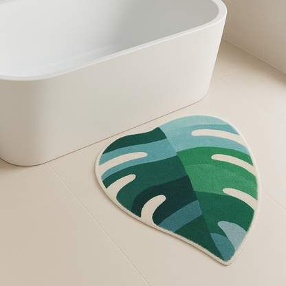 Feblilac Green Leaves with Pink Heart tufted bath mat in a minimal bathroom with marble tile