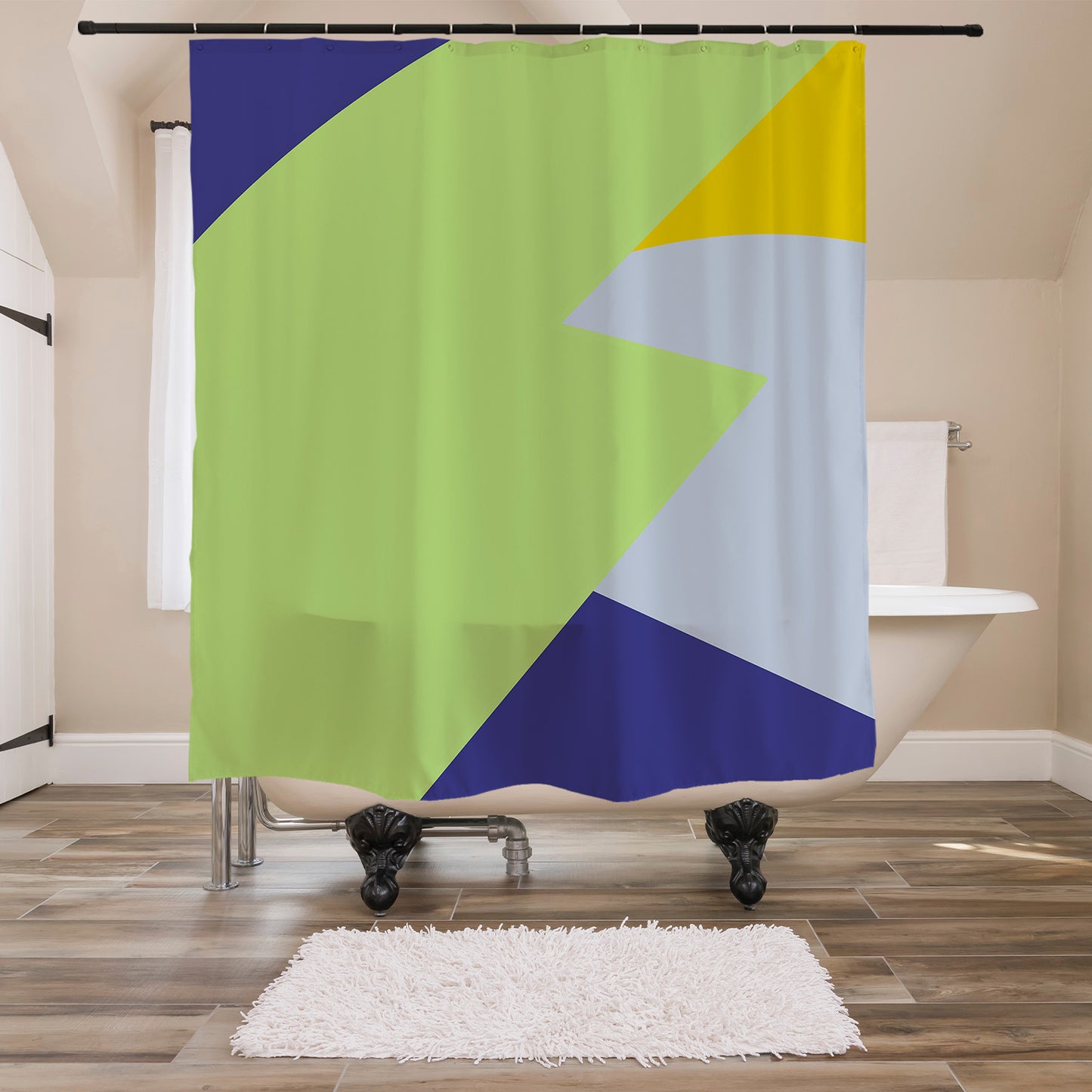 Feblilac Green Blue Yellow Gray Pattern Shower Curtain with Hooks