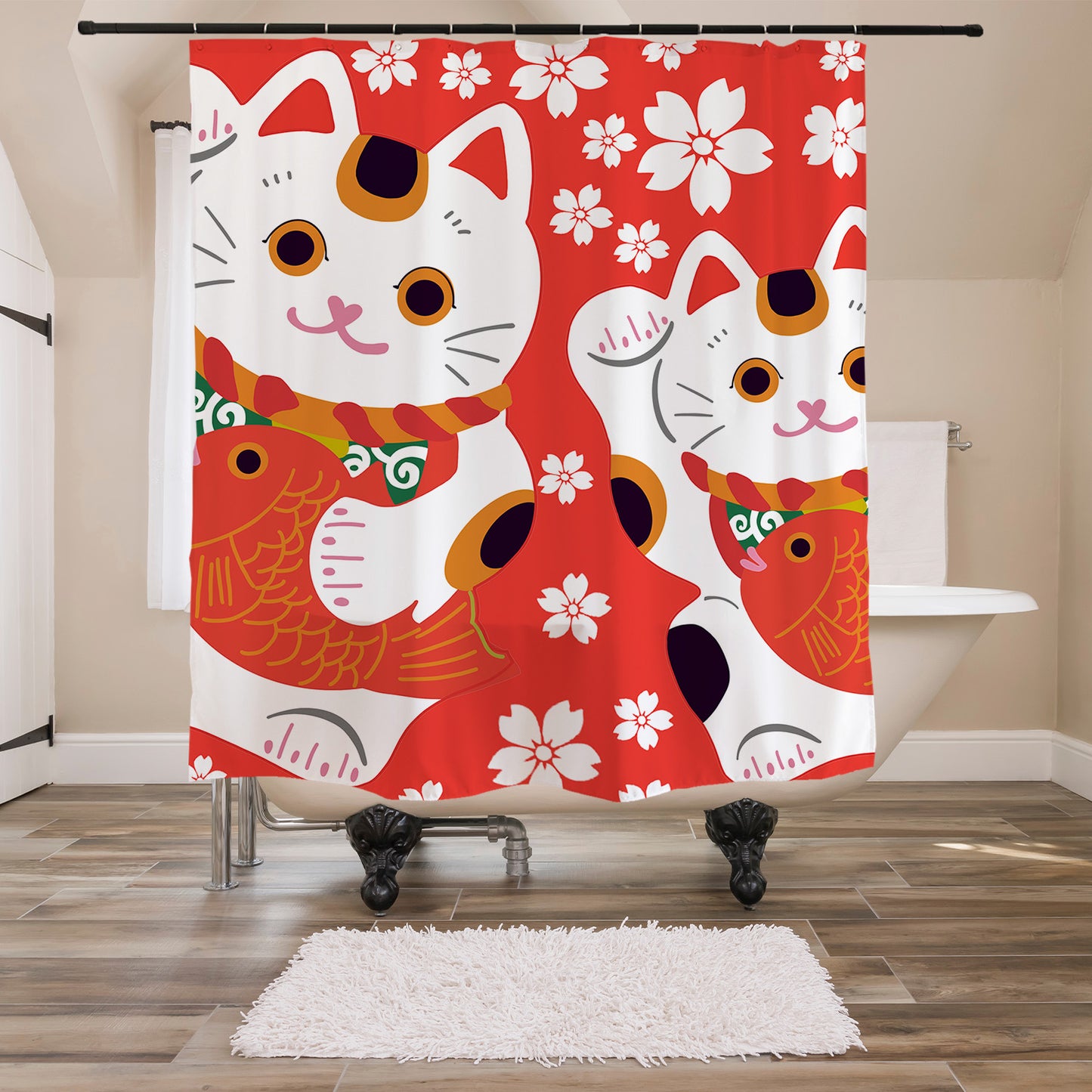 Feblilac Red Background White Sakura Lucky Cat Shower Curtain with Hooks