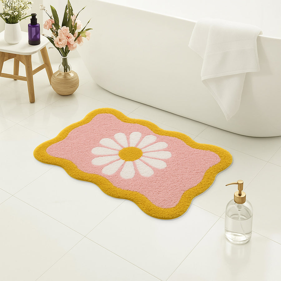 Feblilac Wavy Daisy Tufted Bath Mat – Pink & Yellow Floral Design, Cute & Soft Bathroom Rug - view 4
