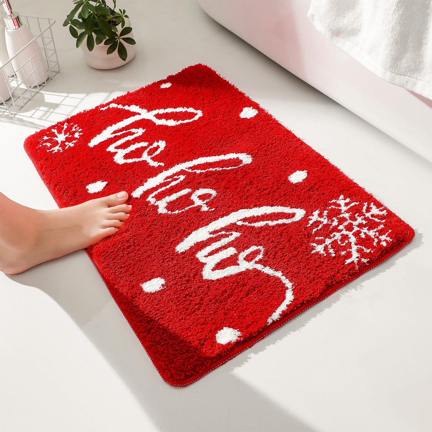 Christmas Red Bath Mat, Ho Ho Ho Snowflake Bathroom Mat, 15"x23"