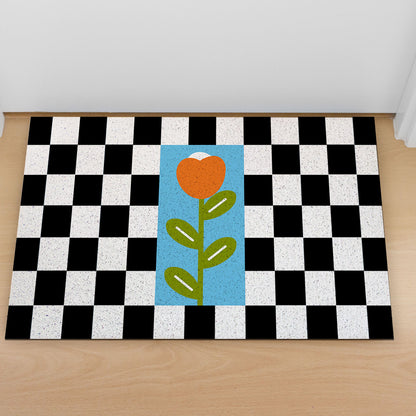 Feblilac Black and White Checkerboard Tulips PVC Coil Door Mat