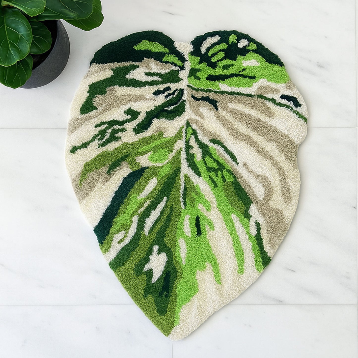 Feblilac Irregular Turquoise Monstera Tufted Bath Mat