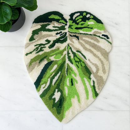 Feblilac Irregular Turquoise Monstera Tufted Bath Mat