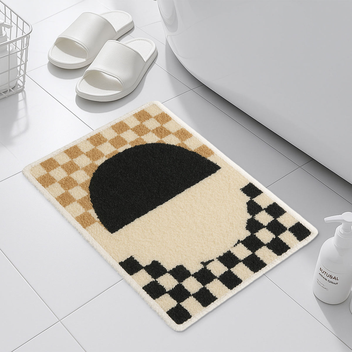 Feblilac Yellow and Black Checkerboard tufted bath mat in a sunny bathroom with a potted plant