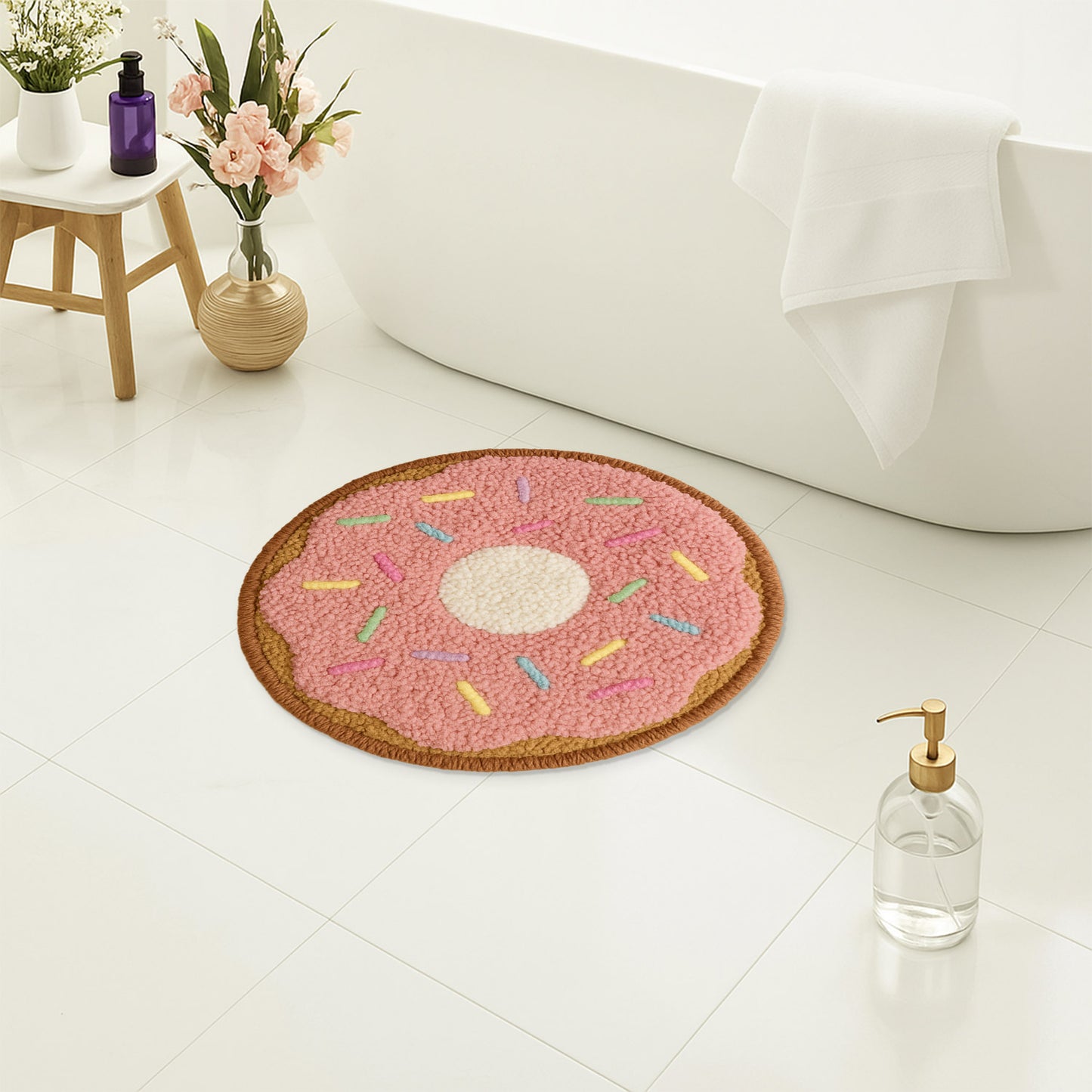 Feblilac Donut Shaped Tufted Rug - Pink Frosting with Rainbow Sprinkles