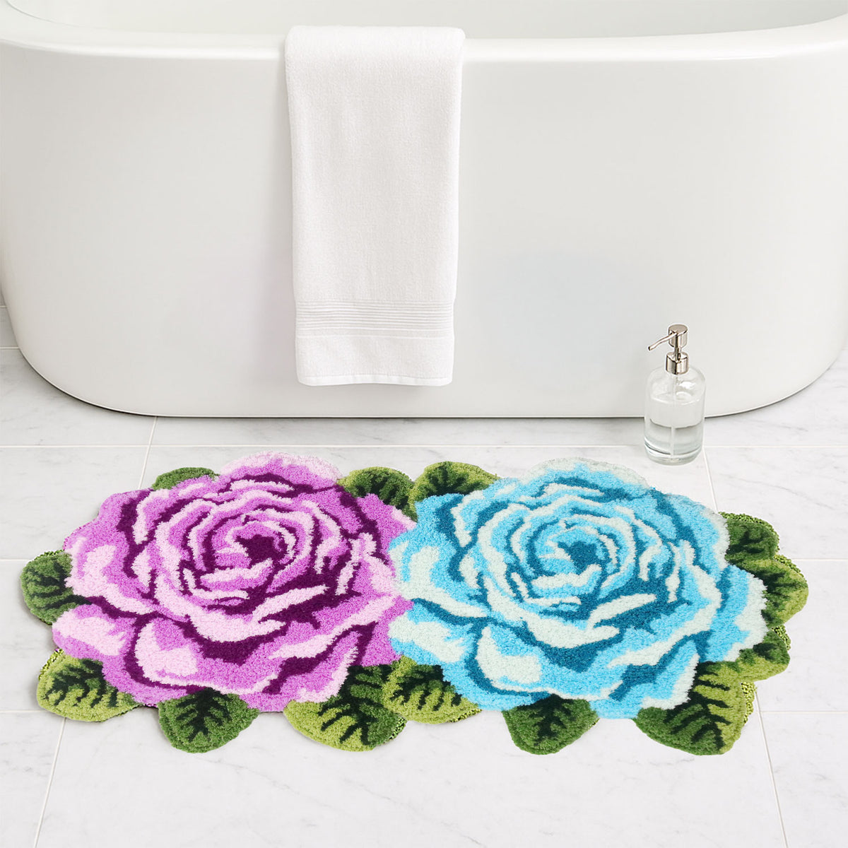 Feblilac Two Flowers tufted bath mat on a wood floor next to a soaking tub