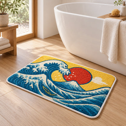 Feblilac Colorful Ukiyo-e Waves tufted bath mat on a wood floor next to a soaking tub