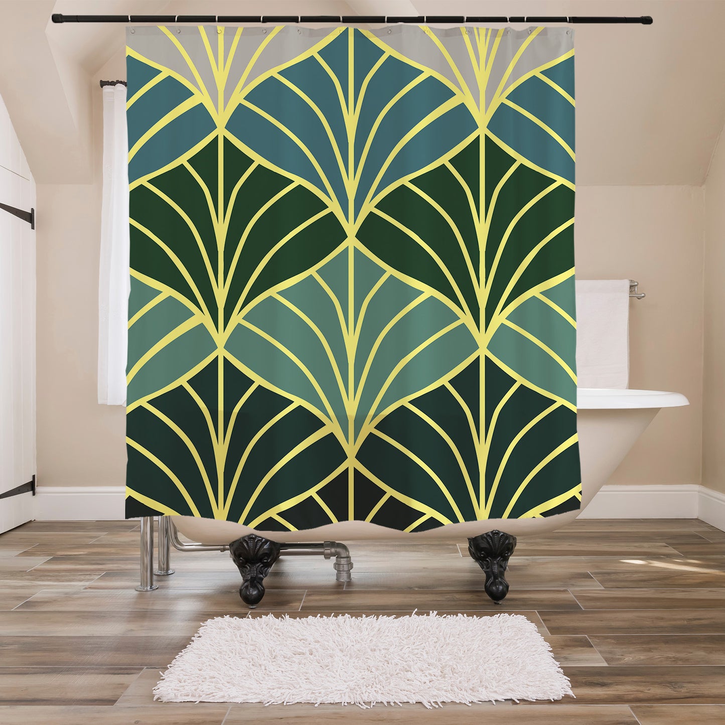 Feblilac Golden Green Ginkgo Leaves Shower Curtain with Hooks