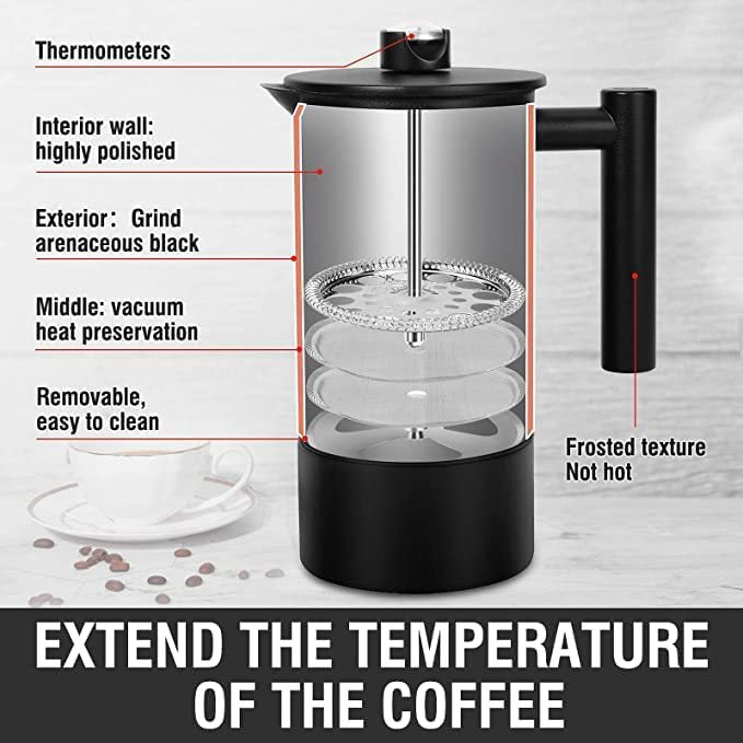 Feblilac Double Layer French Press Stainless Steel Coffee Maker with Hourglass and Thermometer