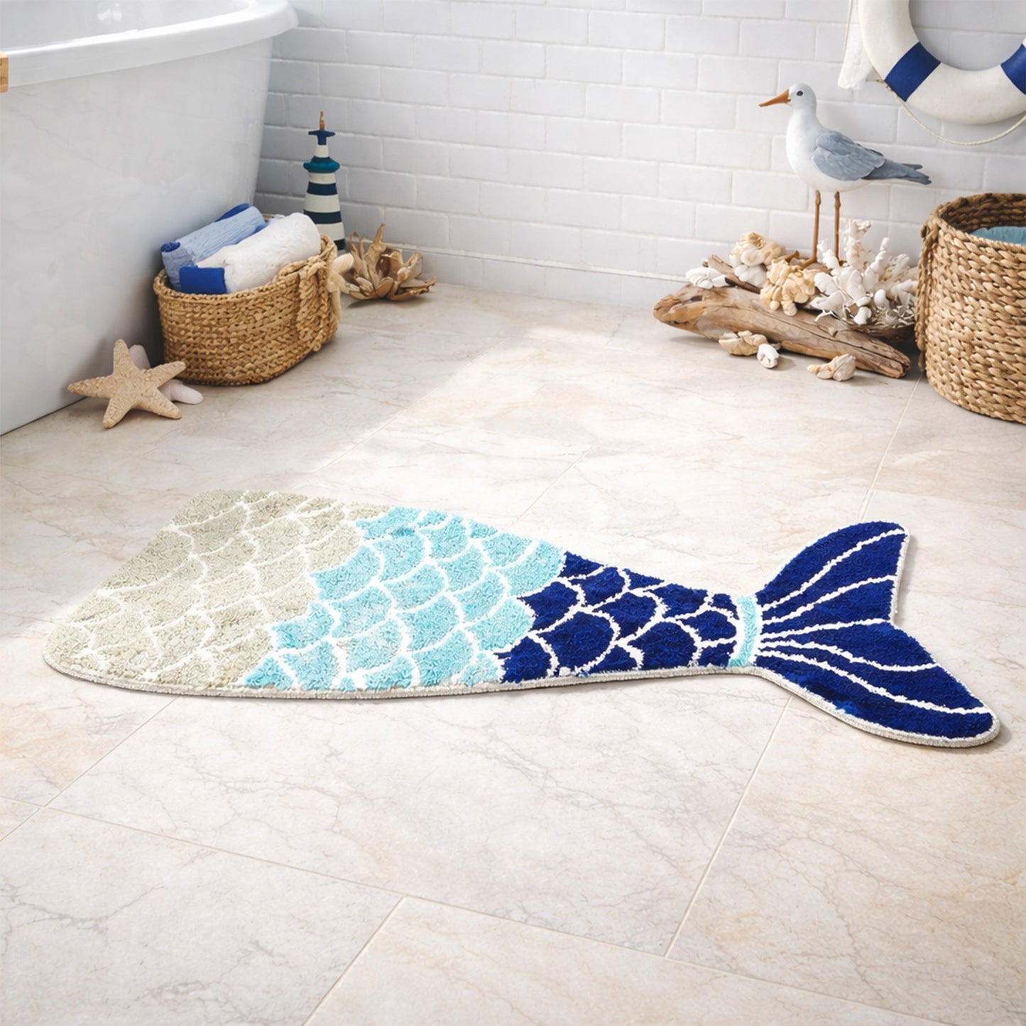 Feblilac Cute Blue Mermaid Tail Bedroom Bathroom Runner Mat