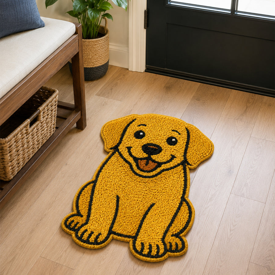Feblilac Labrador Dog tufted bath mat on a wood floor next to a soaking tub