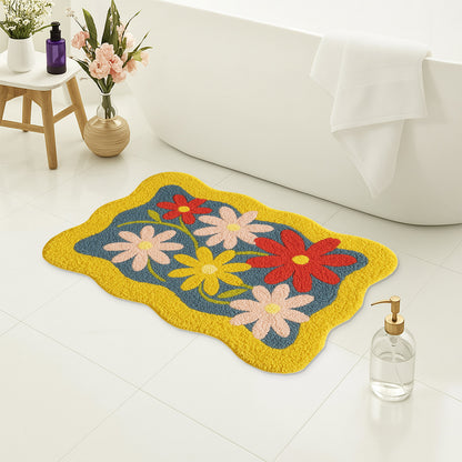 Feblilac Colorful Bloom Tufted Bath Mat – Wavy Edge Floral Design, Bright & Cheerful Bathroom Rug